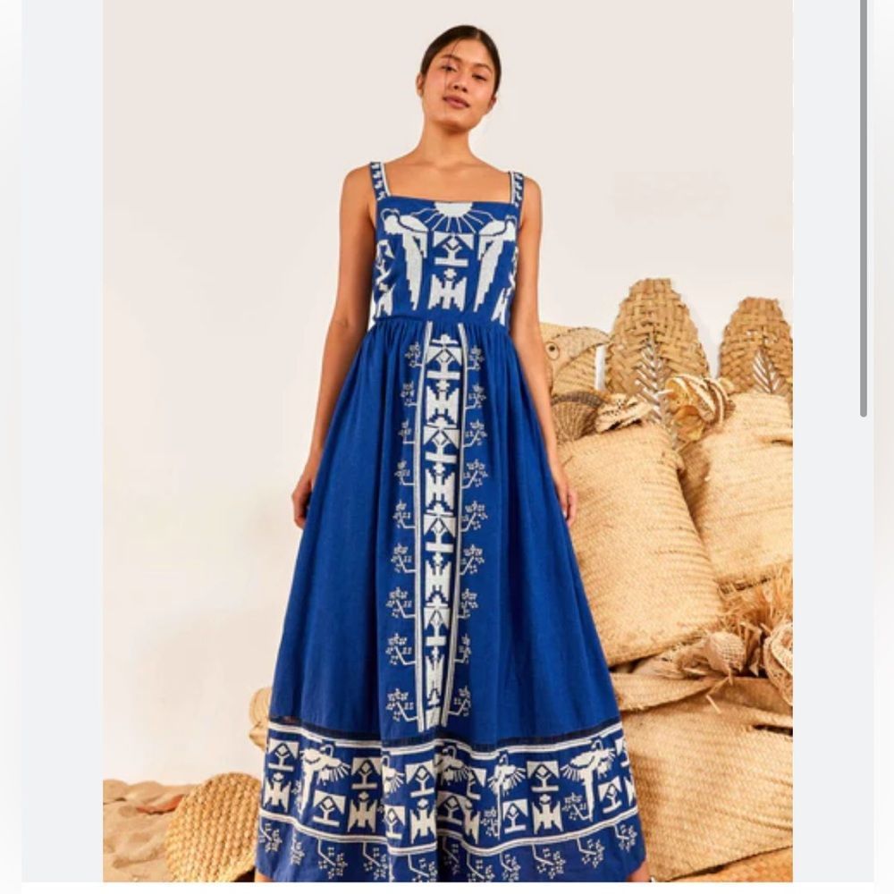 Farm Rio Navy Macaw Embroidered Maxi Dress
